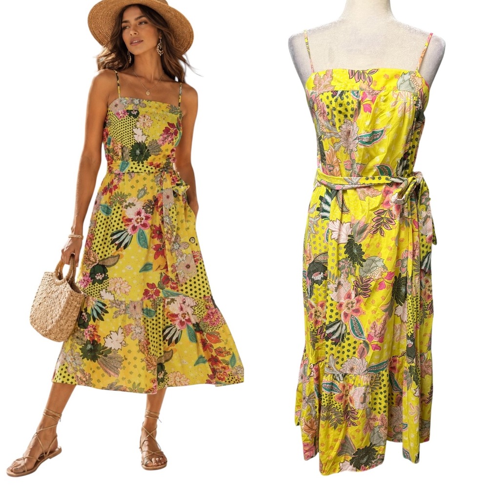 LOFT Dress Womens 4 Yellow Floral Tiered Belted Square Neck Feminine Vacation